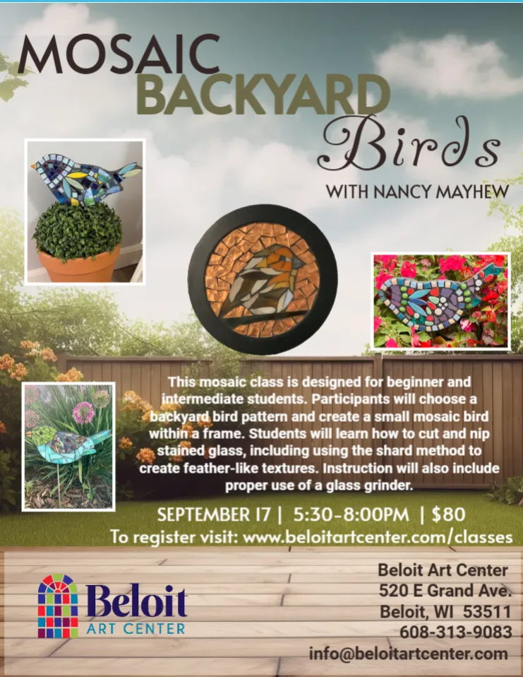 Mosaic Backyard Birds  with Nancy Mayhew  September 17th 5:30-8pm
